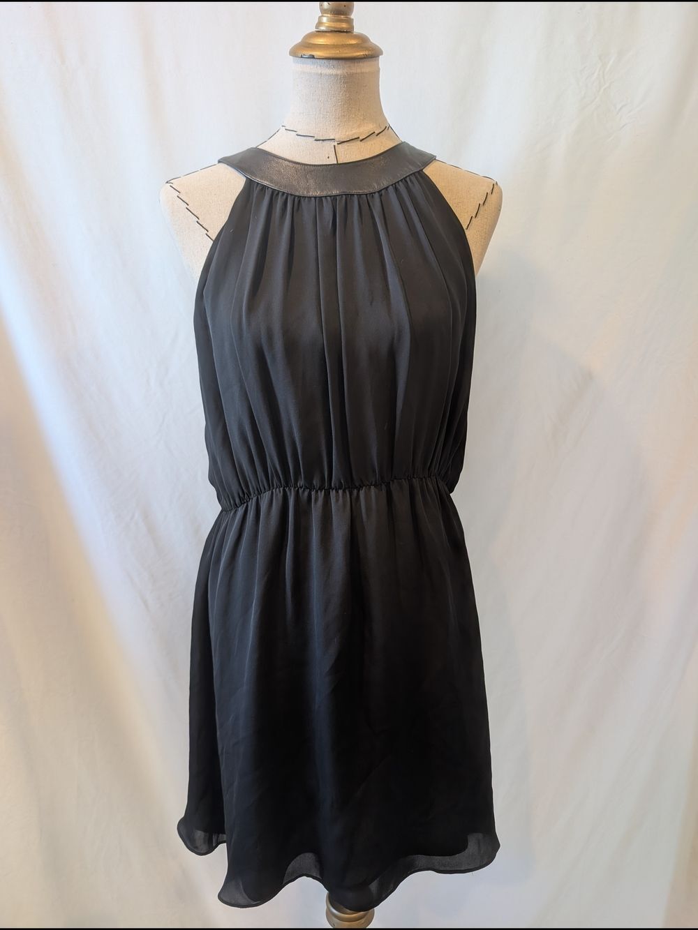 Alice + Olivia Black Silk Halter Mini Dress w/ leather Luxury LBD